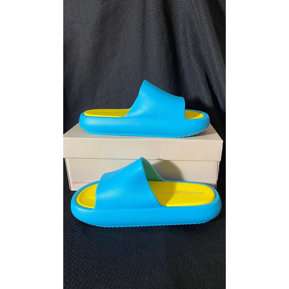 J Slides Beach Slides Blue Yellow Platform Sandals Mens Size 10 New In Box